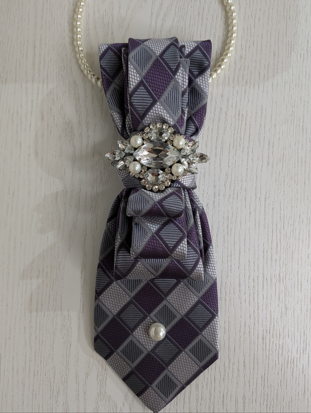 Pearl & Crystal Accent Purple Geometric Bow Necklace